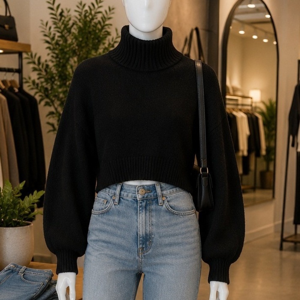 H&M Womens Sweater Black Mock Neck Cropped Ribbed Knit XS